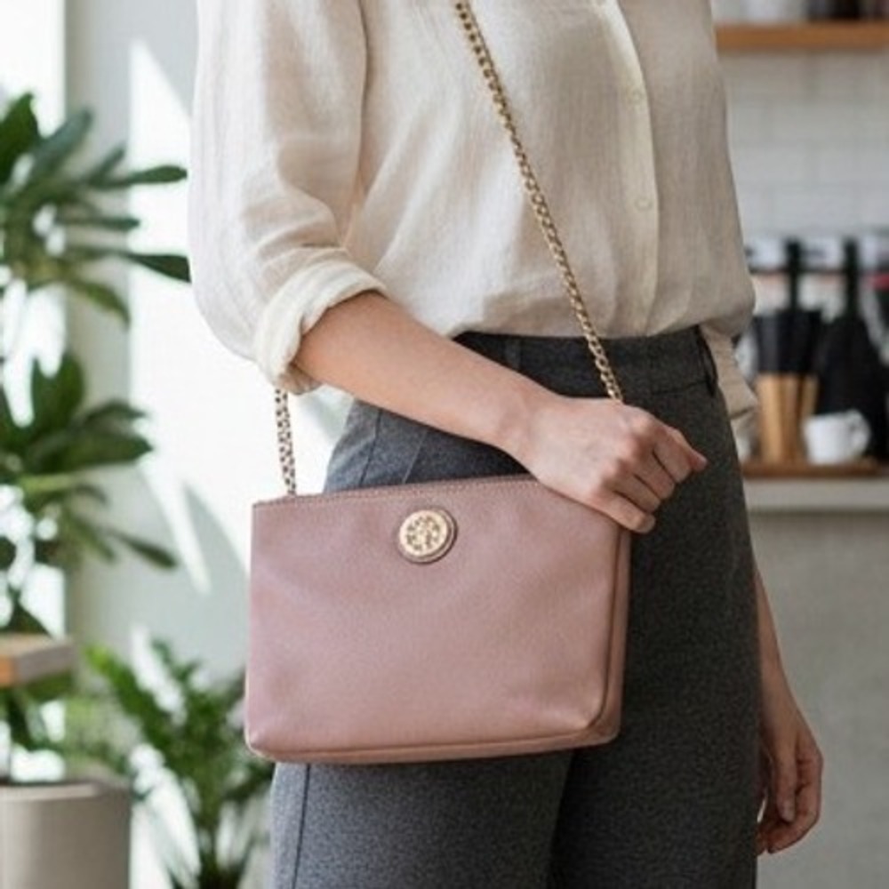 Anne Klein Crossbody Bag Womens Small Pink Gold Chain Faux Leather Good Boho